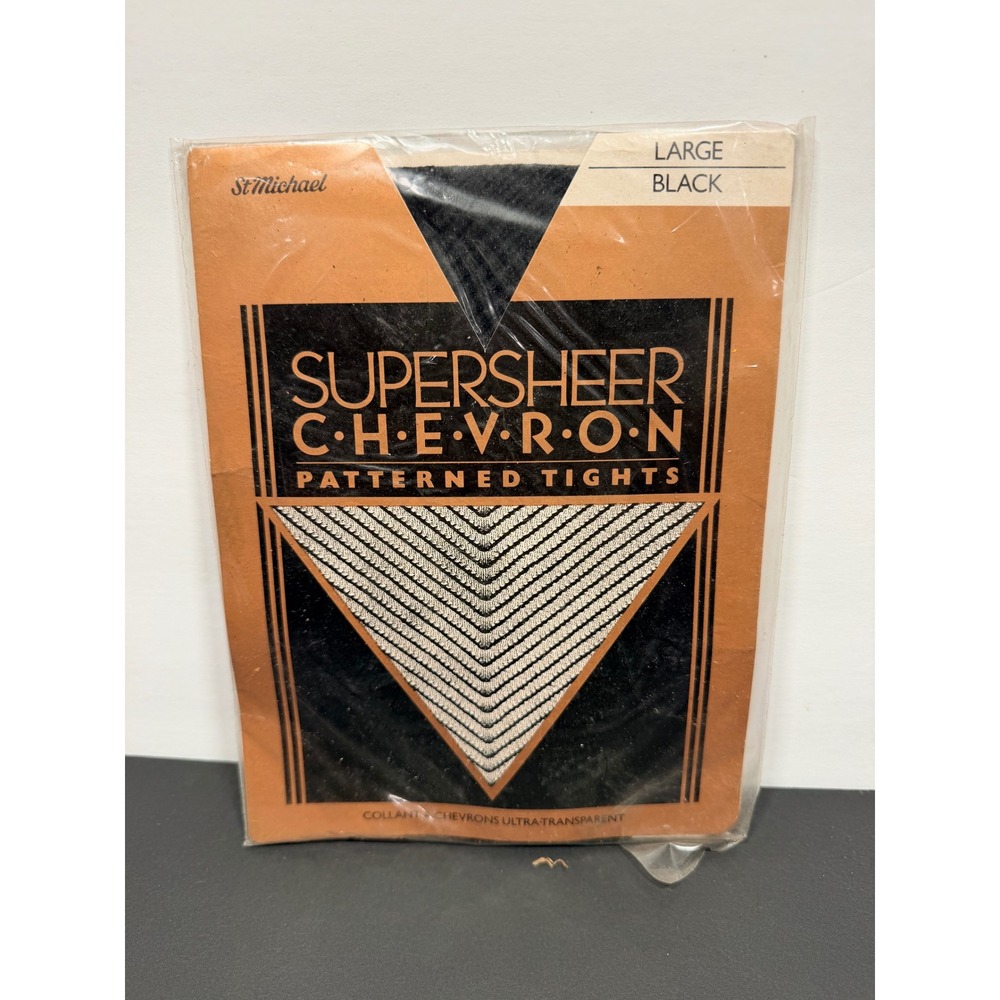 Vintage St Michael Supersheer Chevron Patterned Tights Black Large Made in UK